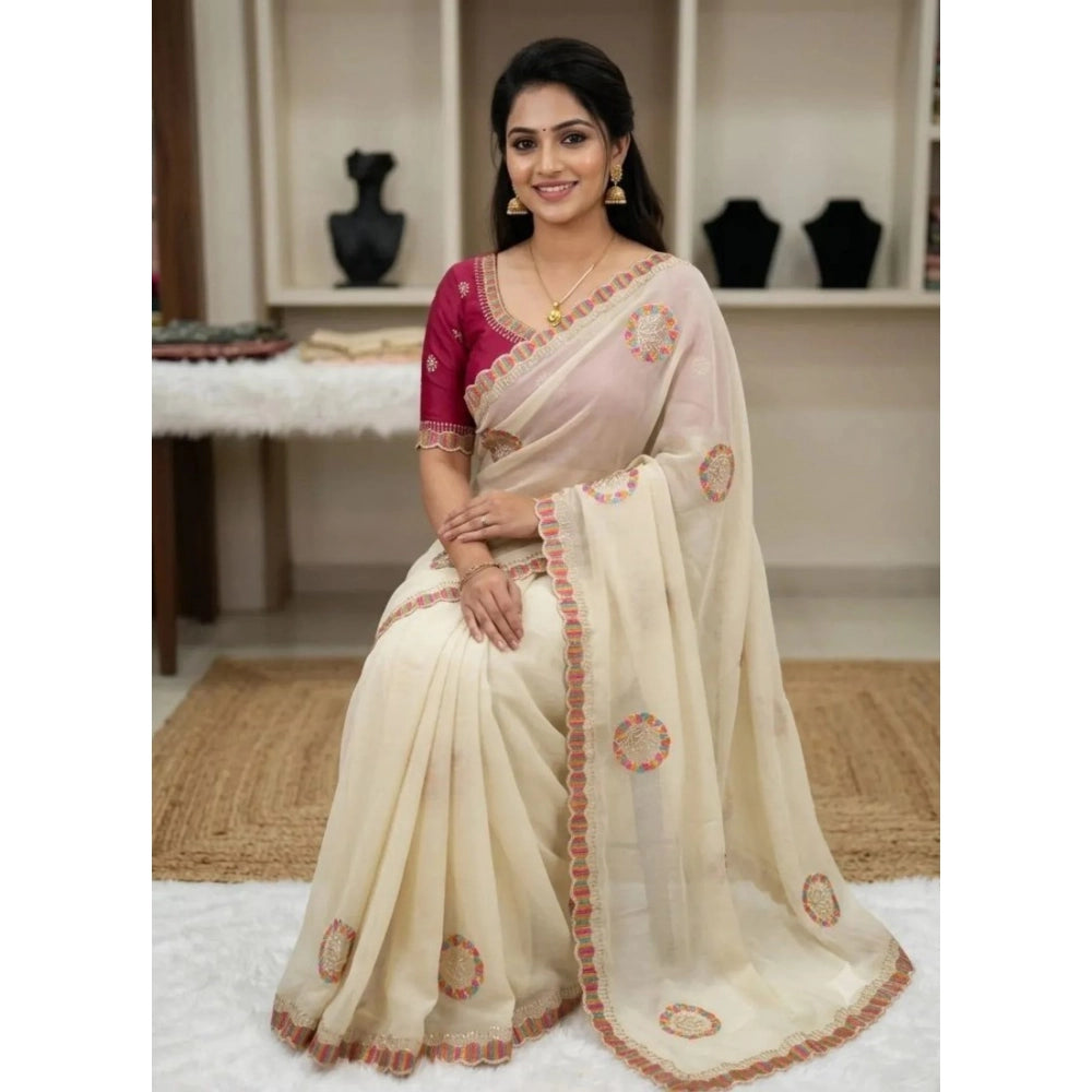 Snuggle Spot Women's Star Georgette Embroidered Saree With Unstitched Blouse 5.5Mtr (Cream)