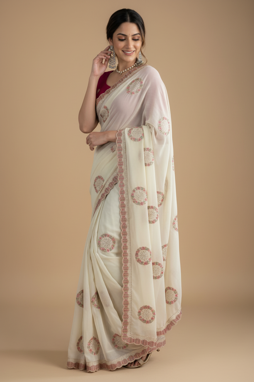 Snuggle Spot Women's Star Georgette Embroidered Saree With Unstitched Blouse 5.5Mtr (Cream)