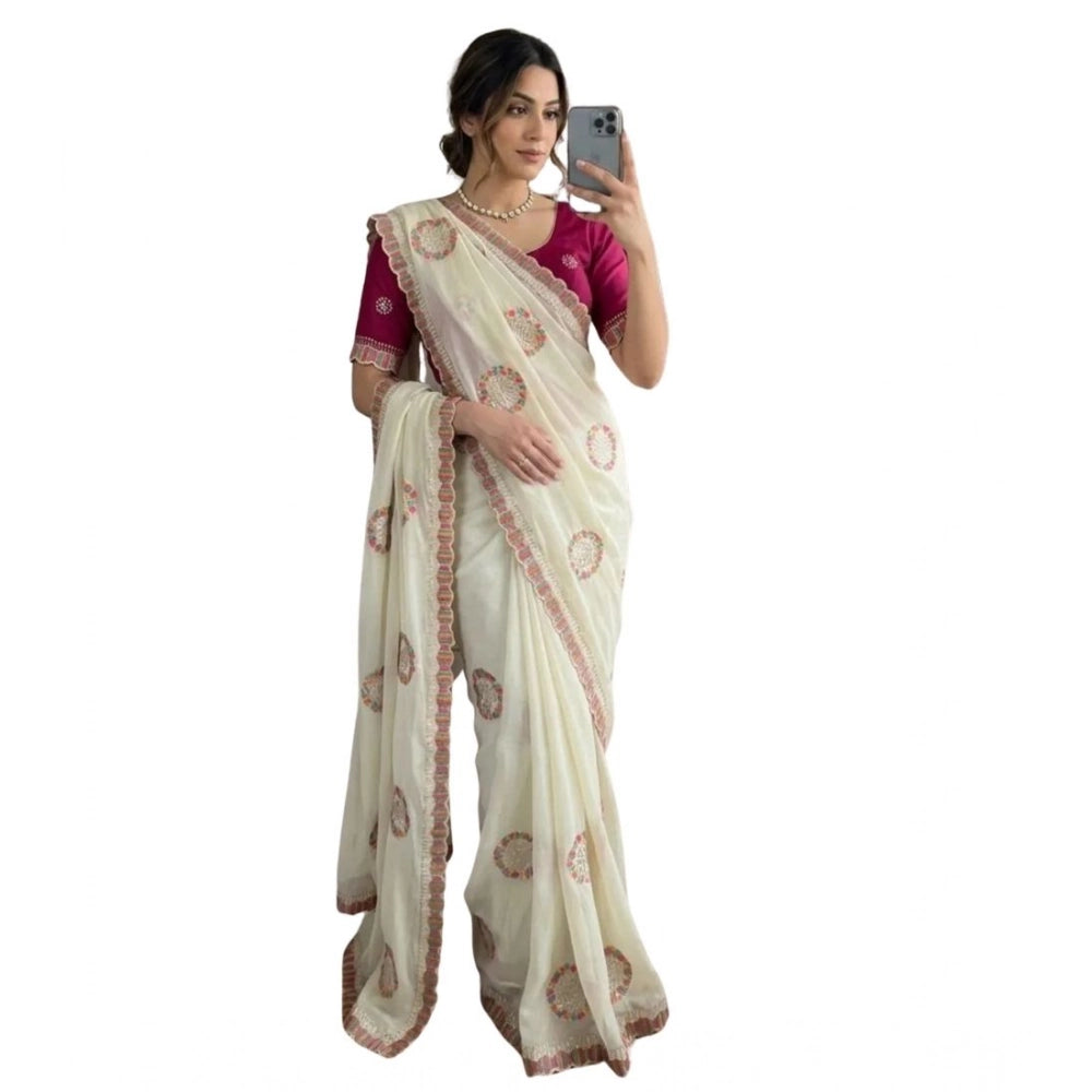 Snuggle Spot Women's Star Georgette Embroidered Saree With Unstitched Blouse 5.5Mtr (Cream)