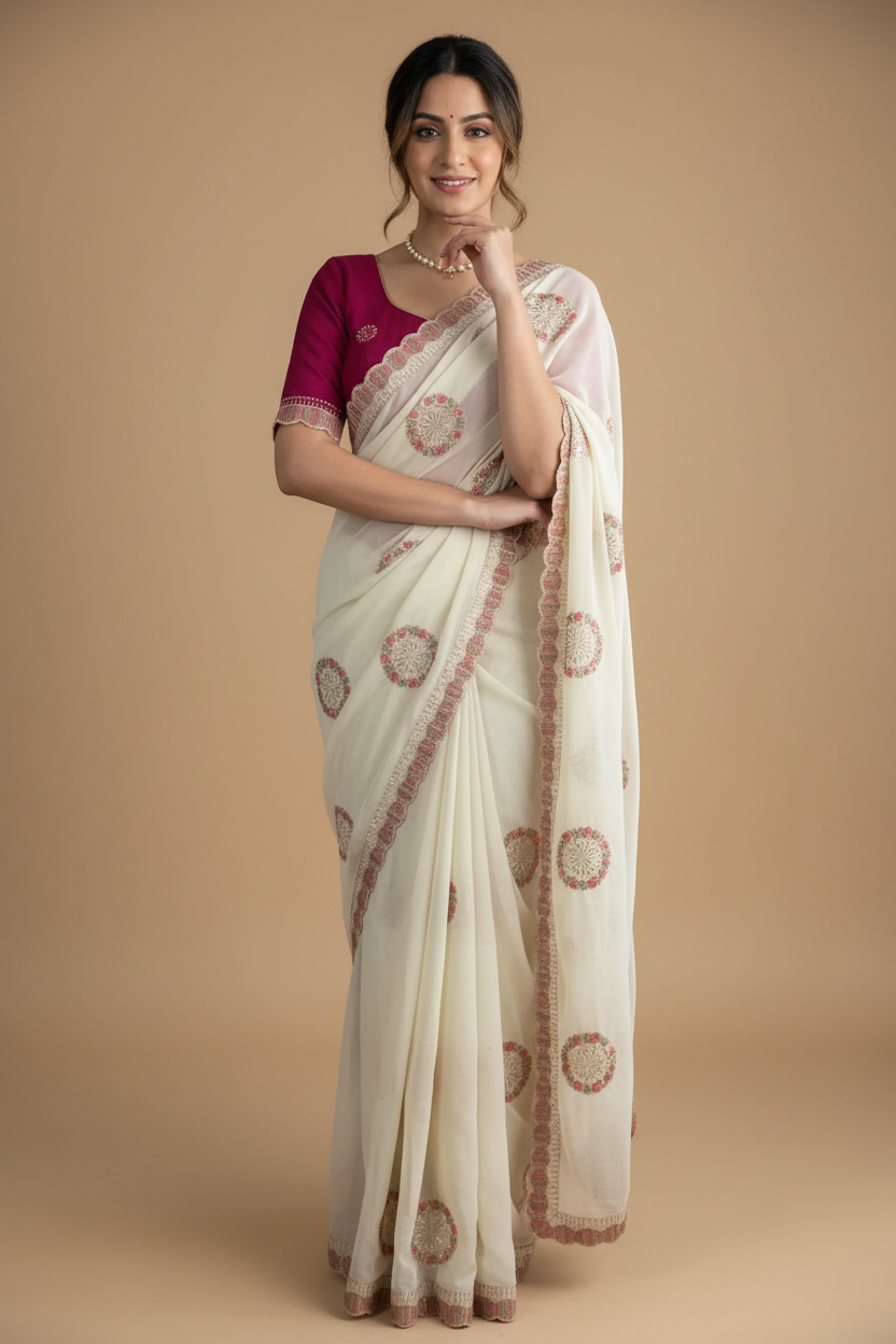 Snuggle Spot Women's Star Georgette Embroidered Saree With Unstitched Blouse 5.5Mtr (Cream)