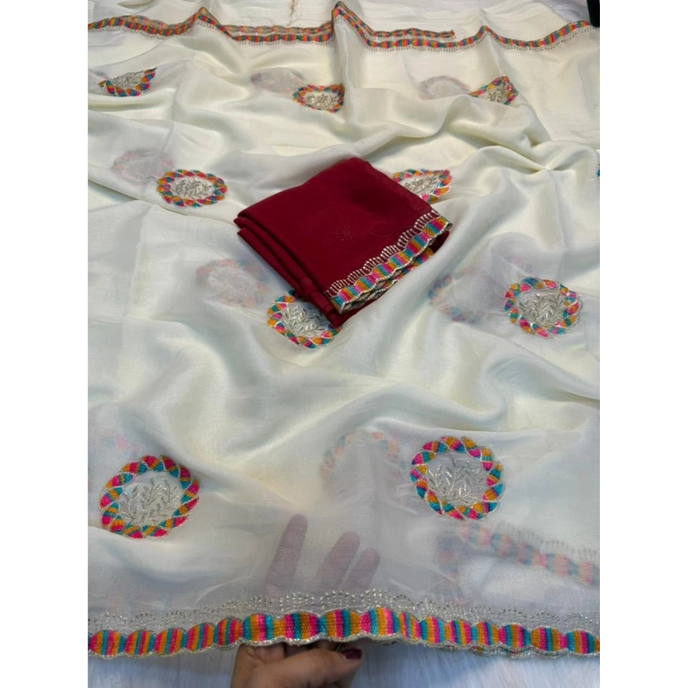 Snuggle Spot Women's Star Georgette Embroidered Saree With Unstitched Blouse 5.5Mtr (Cream)