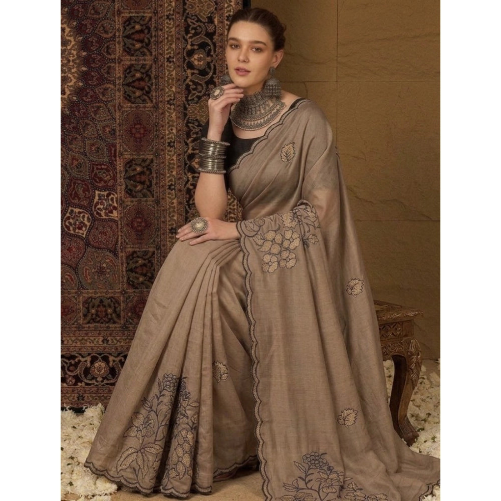 Snuggle Spot Women's Viscose Silk Embroidered Saree With Unstitched Blouse 5.5Mtr (Brown)