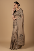 Snuggle Spot Women's Viscose Silk Embroidered Saree With Unstitched Blouse 5.5Mtr (Brown)