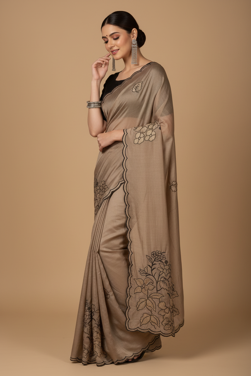 Snuggle Spot Women's Viscose Silk Embroidered Saree With Unstitched Blouse 5.5Mtr (Brown)