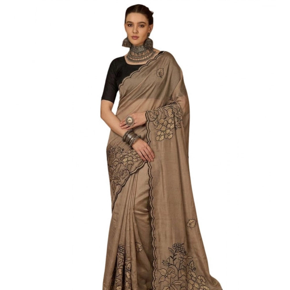 Snuggle Spot Women's Viscose Silk Embroidered Saree With Unstitched Blouse 5.5Mtr (Brown)