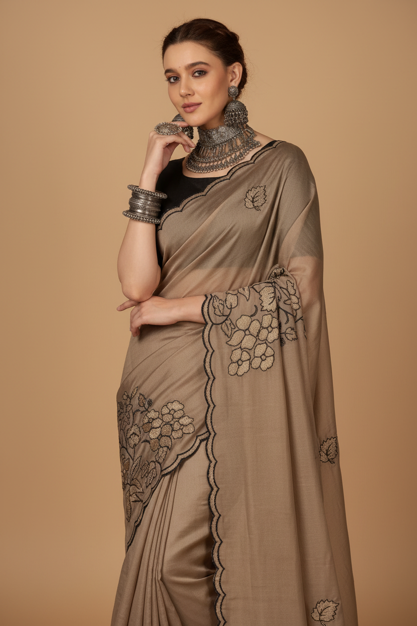 Snuggle Spot Women's Viscose Silk Embroidered Saree With Unstitched Blouse 5.5Mtr (Brown)