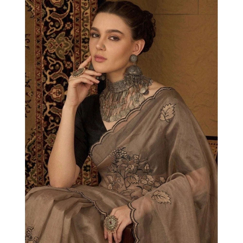 Snuggle Spot Women's Viscose Silk Embroidered Saree With Unstitched Blouse 5.5Mtr (Brown)