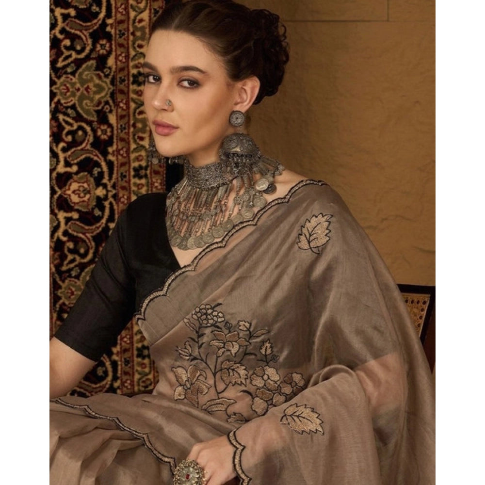 Snuggle Spot Women's Viscose Silk Embroidered Saree With Unstitched Blouse 5.5Mtr (Brown)