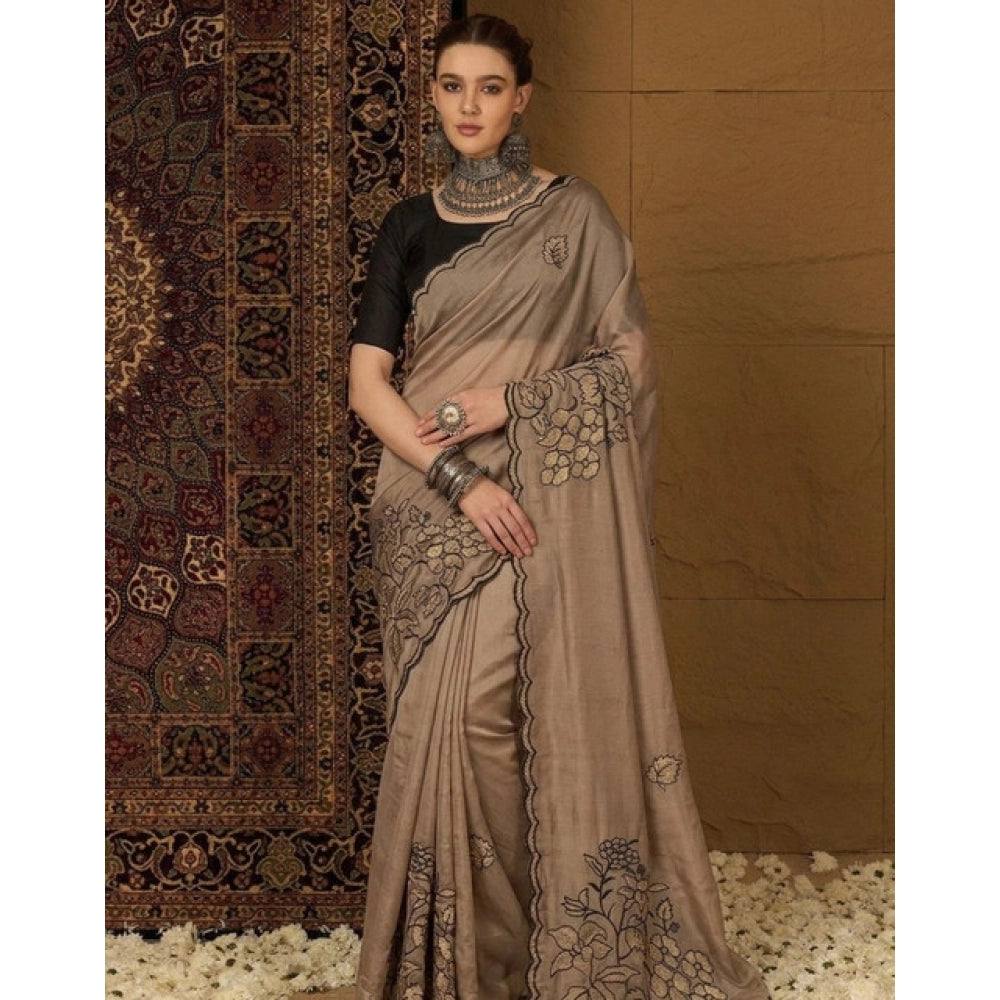 Snuggle Spot Women's Viscose Silk Embroidered Saree With Unstitched Blouse 5.5Mtr (Brown)