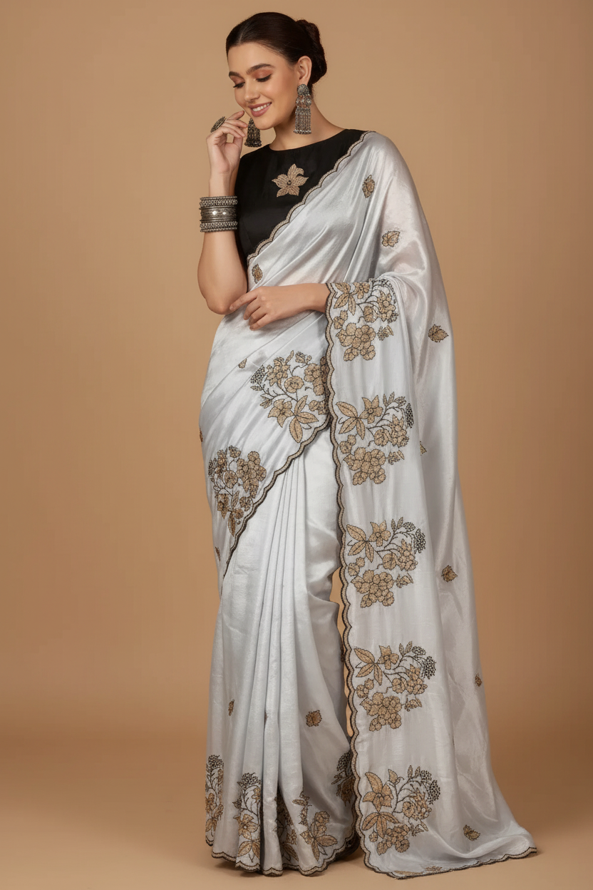 Snuggle Spot Women's Viscose Silk Embroidered Saree With Unstitched Blouse 5.5Mtr (Grey)