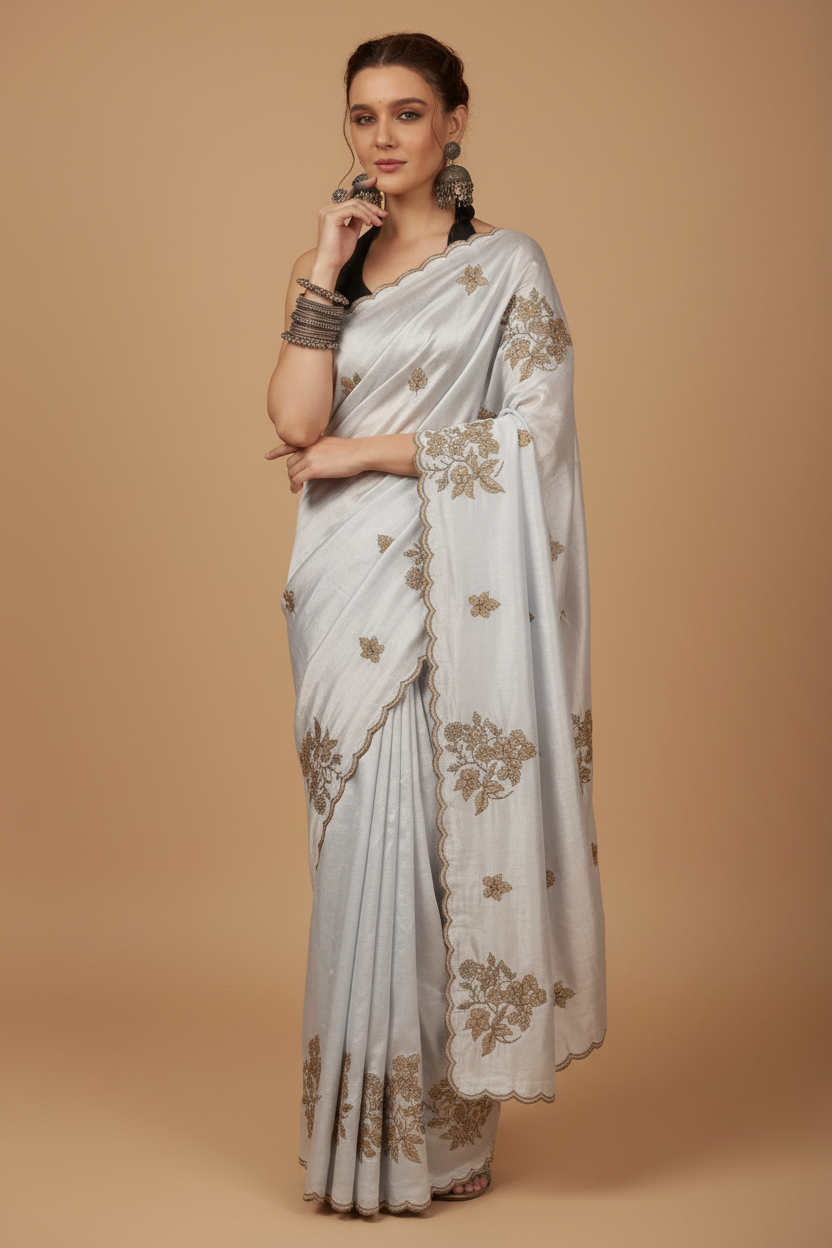 Snuggle Spot Women's Viscose Silk Embroidered Saree With Unstitched Blouse 5.5Mtr (Grey)