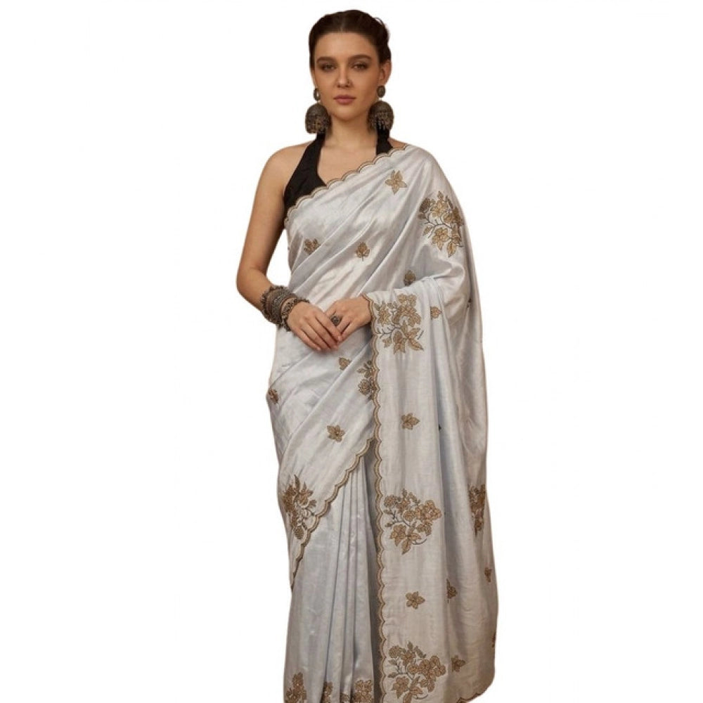 Snuggle Spot Women's Viscose Silk Embroidered Saree With Unstitched Blouse 5.5Mtr (Grey)