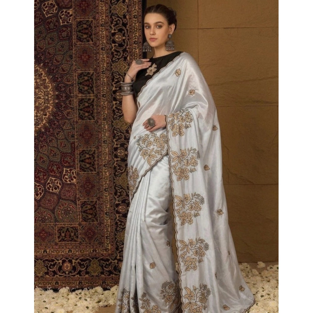 Snuggle Spot Women's Viscose Silk Embroidered Saree With Unstitched Blouse 5.5Mtr (Grey)