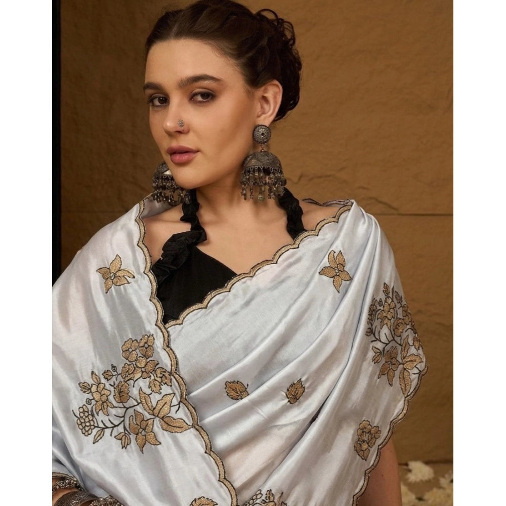 Snuggle Spot Women's Viscose Silk Embroidered Saree With Unstitched Blouse 5.5Mtr (Grey)