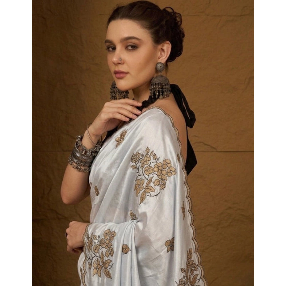 Snuggle Spot Women's Viscose Silk Embroidered Saree With Unstitched Blouse 5.5Mtr (Grey)