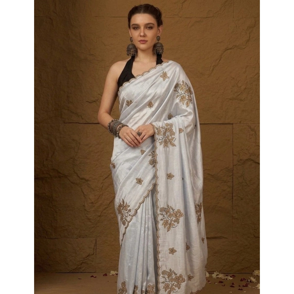 Snuggle Spot Women's Viscose Silk Embroidered Saree With Unstitched Blouse 5.5Mtr (Grey)