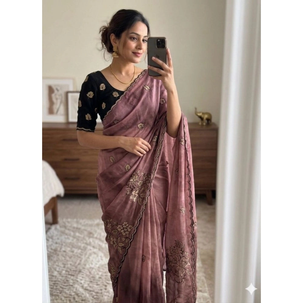 Snuggle Spot Women's Viscose Silk Embroidered Saree With Unstitched Blouse 5.5Mtr (Pink)