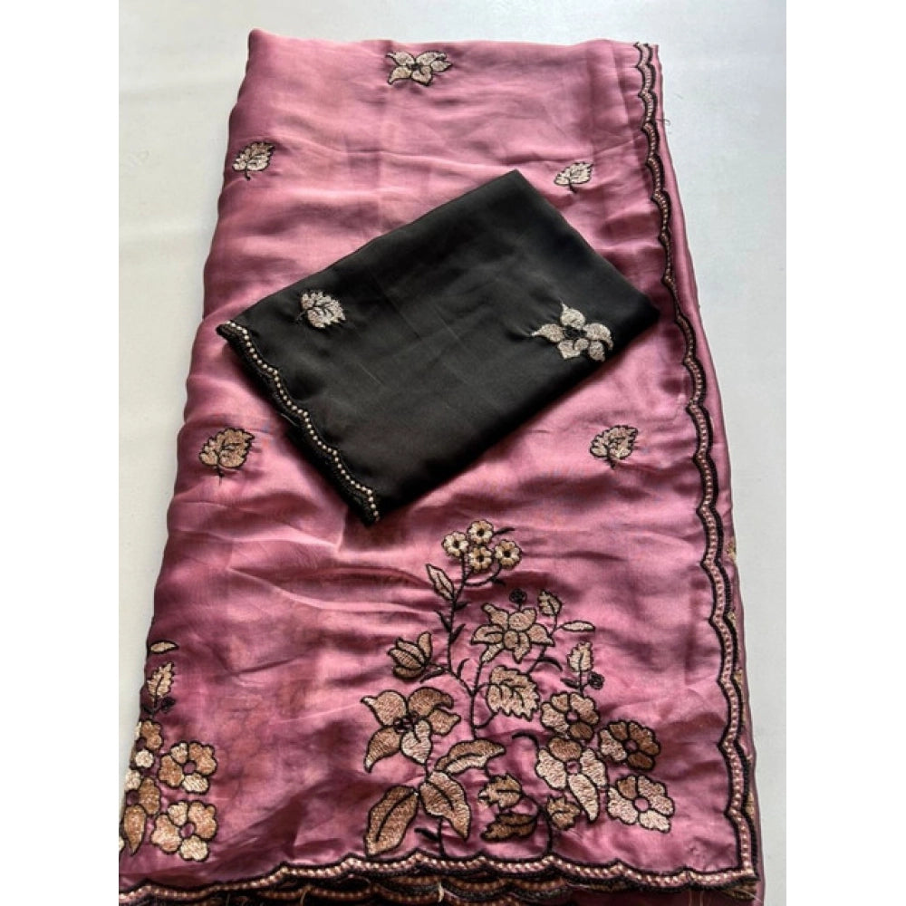 Snuggle Spot Women's Viscose Silk Embroidered Saree With Unstitched Blouse 5.5Mtr (Pink)