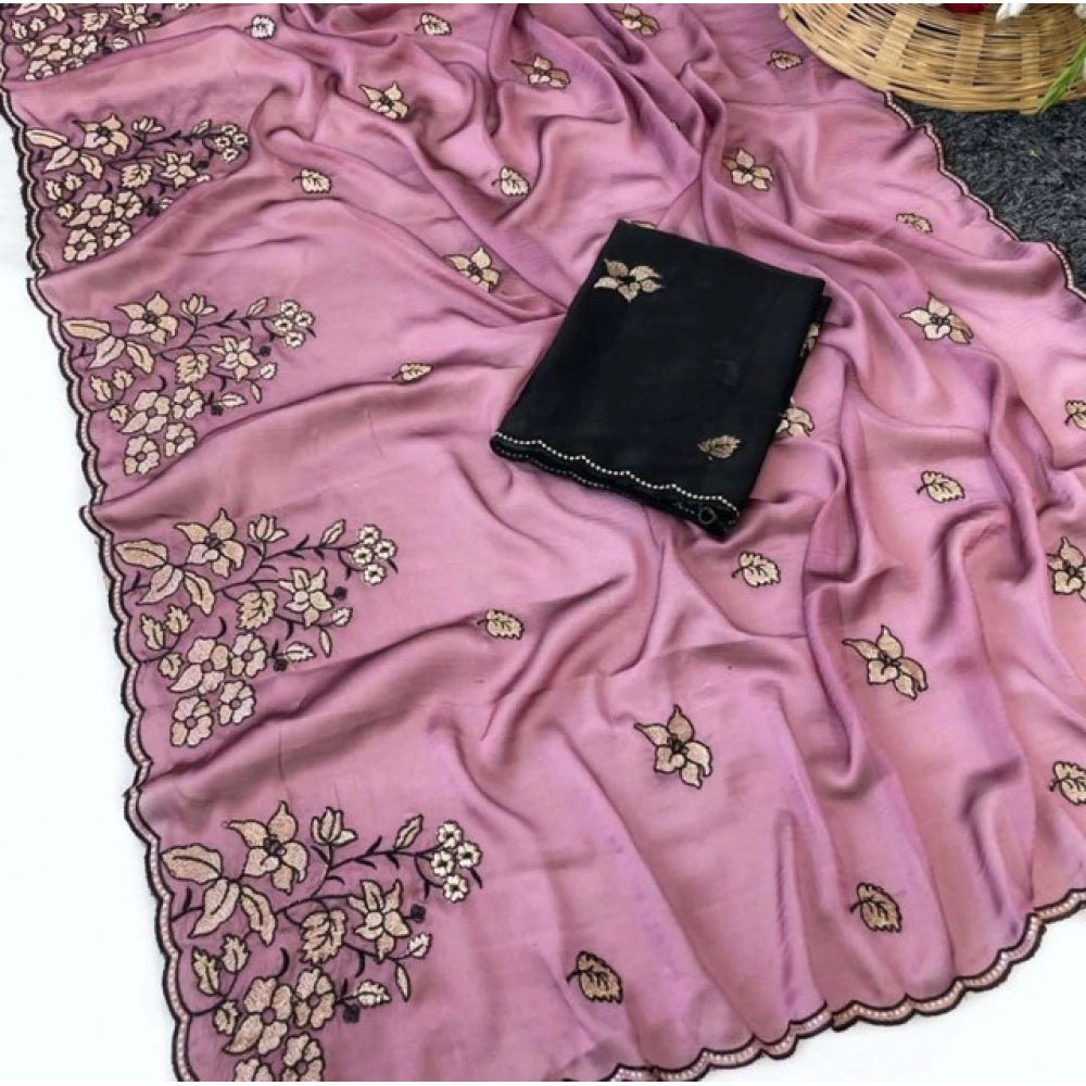 Snuggle Spot Women's Viscose Silk Embroidered Saree With Unstitched Blouse 5.5Mtr (Pink)