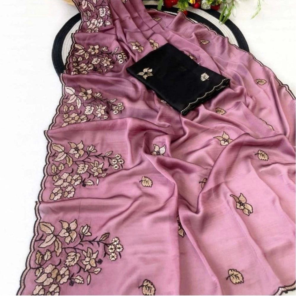 Snuggle Spot Women's Viscose Silk Embroidered Saree With Unstitched Blouse 5.5Mtr (Pink)