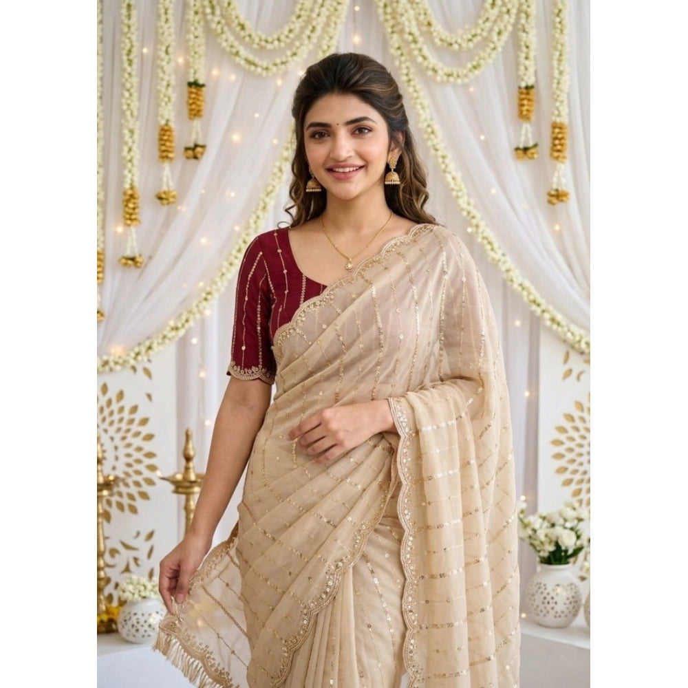 Snuggle Spot Women's Star Georgette Embroidered Saree With Unstitched Blouse 5.5Mtr (Beige)
