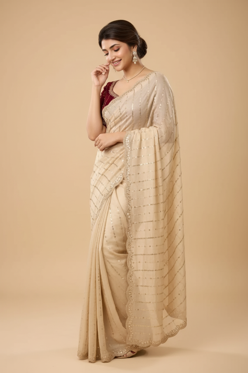 Snuggle Spot Women's Star Georgette Embroidered Saree With Unstitched Blouse 5.5Mtr (Beige)
