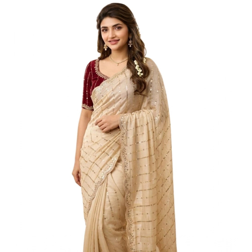 Snuggle Spot Women's Star Georgette Embroidered Saree With Unstitched Blouse 5.5Mtr (Beige)