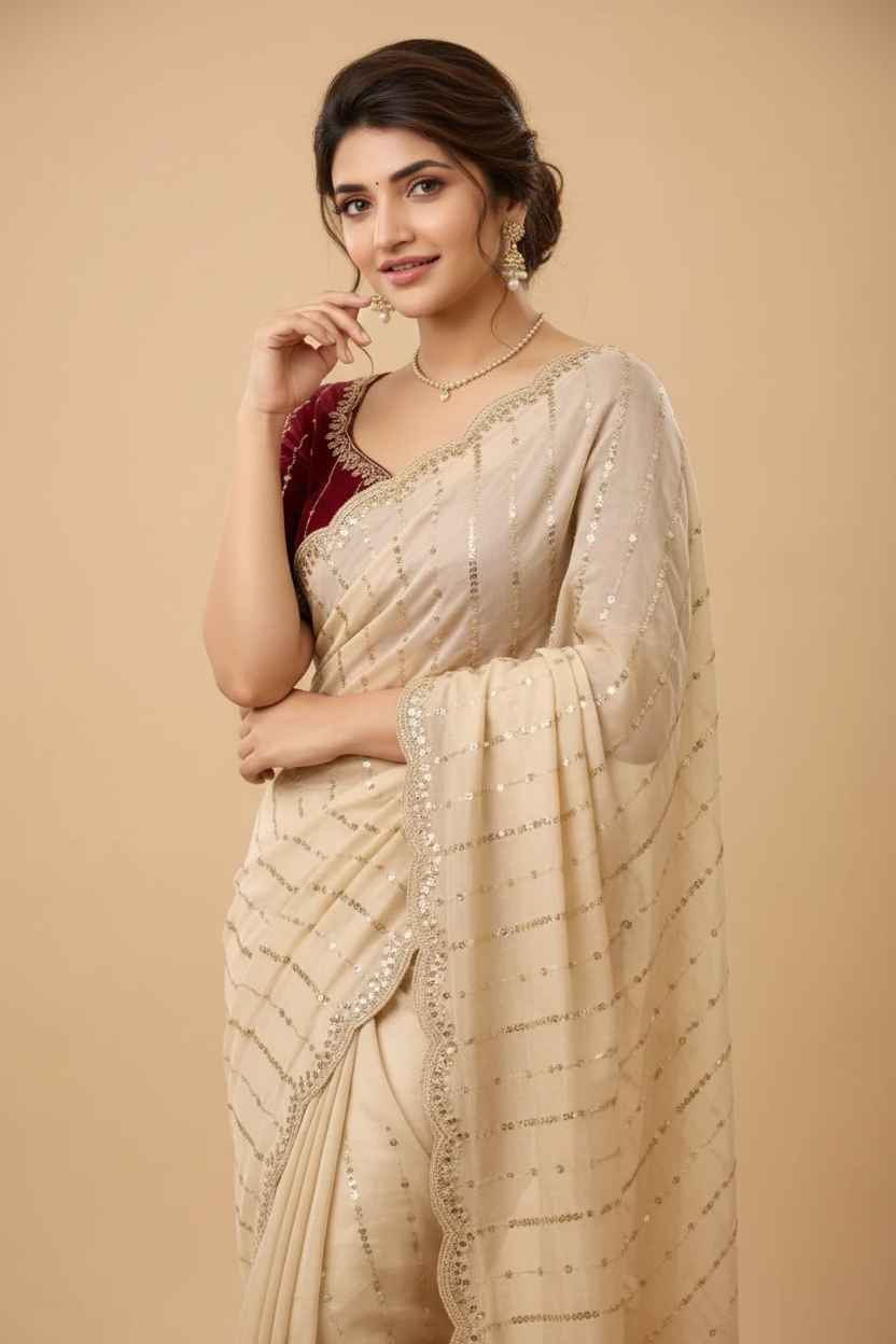 Snuggle Spot Women's Star Georgette Embroidered Saree With Unstitched Blouse 5.5Mtr (Beige)