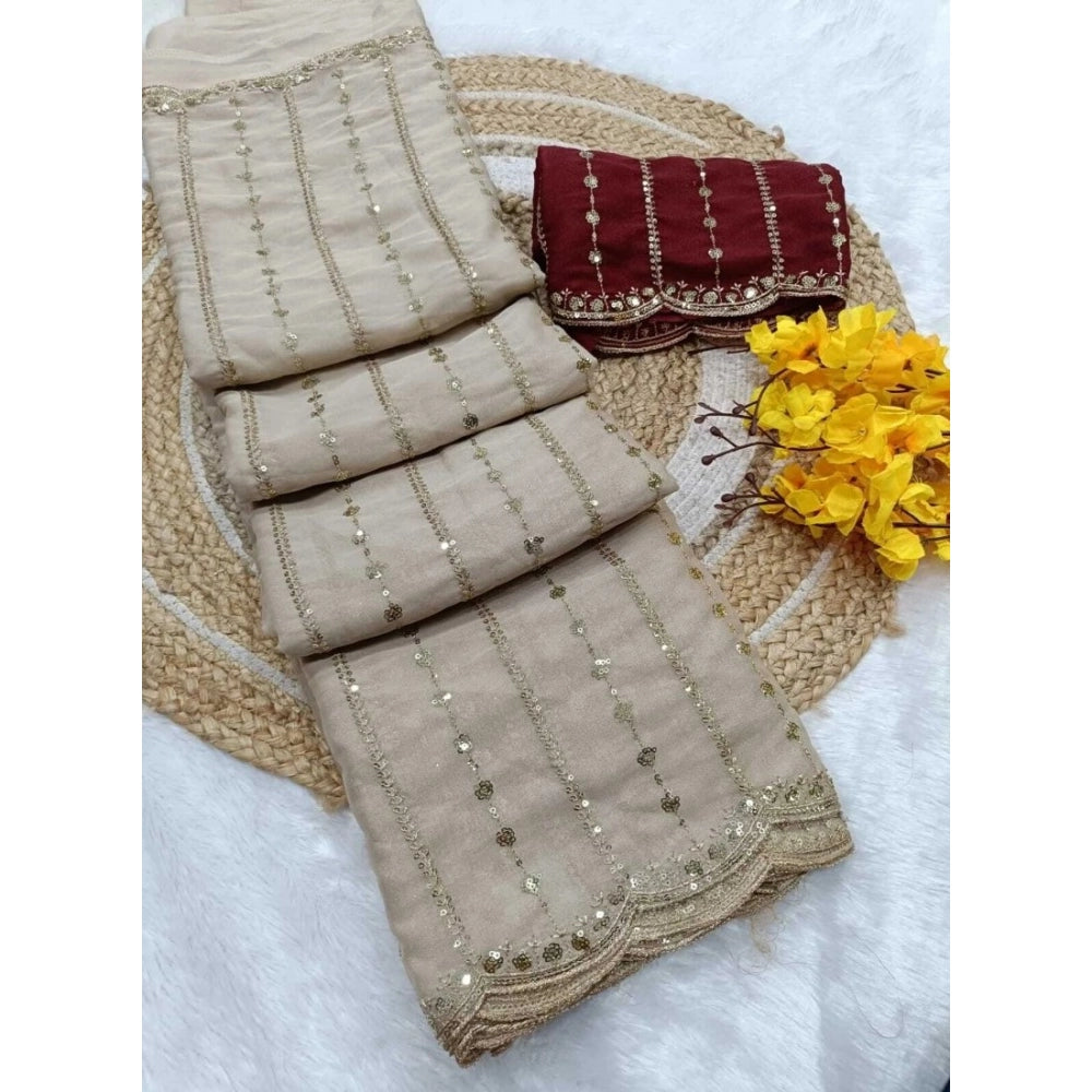 Snuggle Spot Women's Star Georgette Embroidered Saree With Unstitched Blouse 5.5Mtr (Beige)