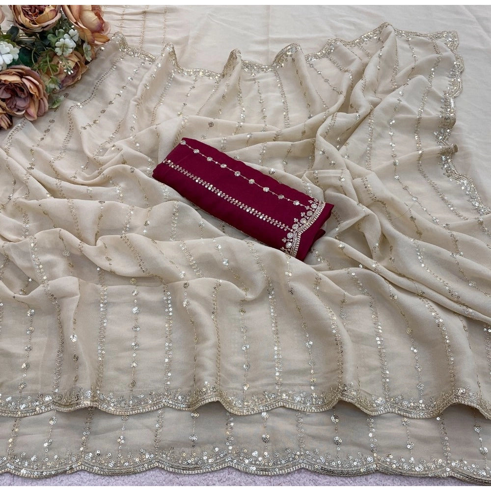 Snuggle Spot Women's Star Georgette Embroidered Saree With Unstitched Blouse 5.5Mtr (Beige)