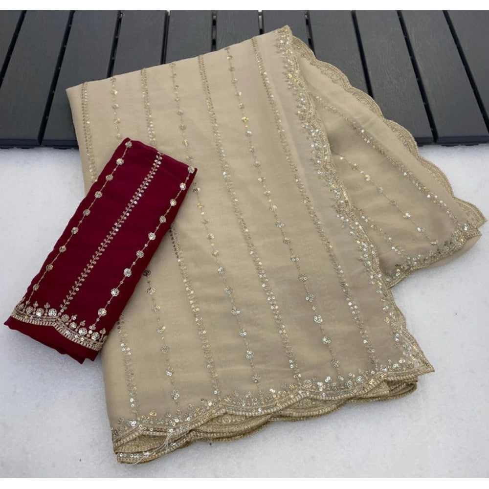 Snuggle Spot Women's Star Georgette Embroidered Saree With Unstitched Blouse 5.5Mtr (Beige)