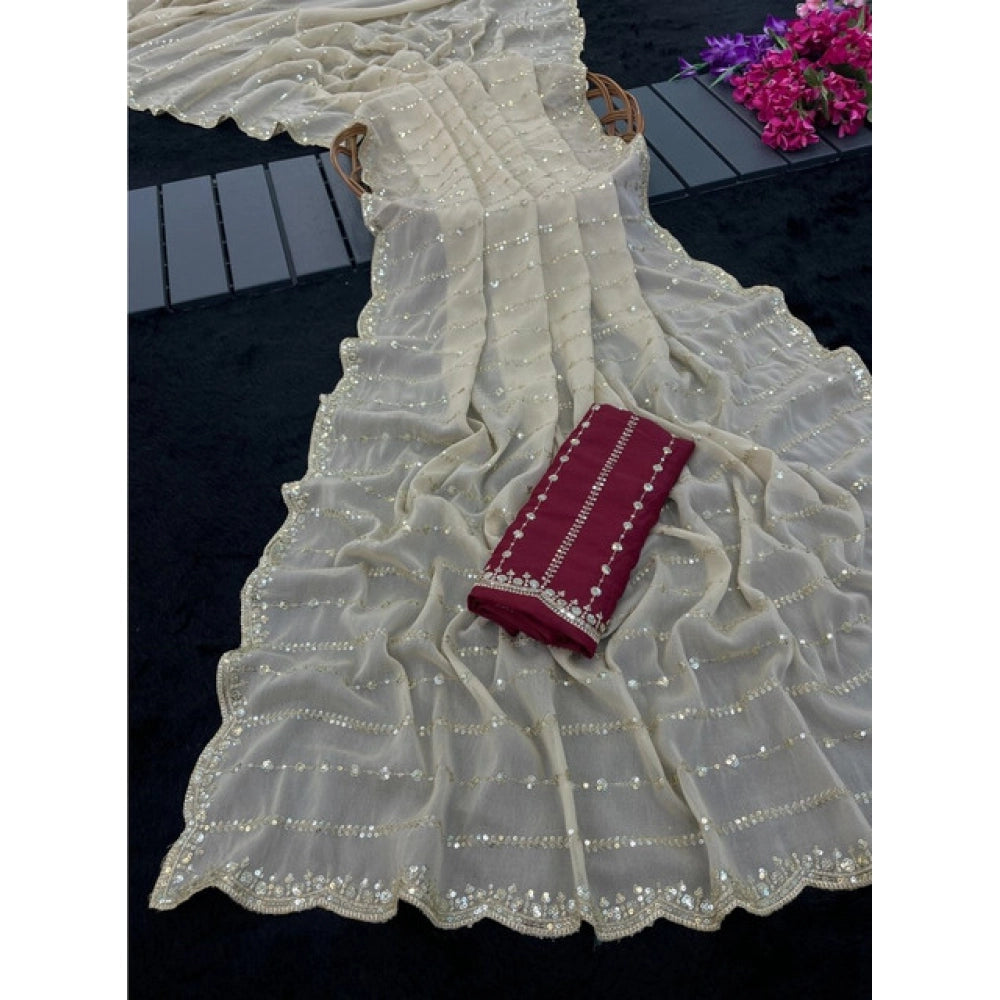 Snuggle Spot Women's Star Georgette Embroidered Saree With Unstitched Blouse 5.5Mtr (Beige)