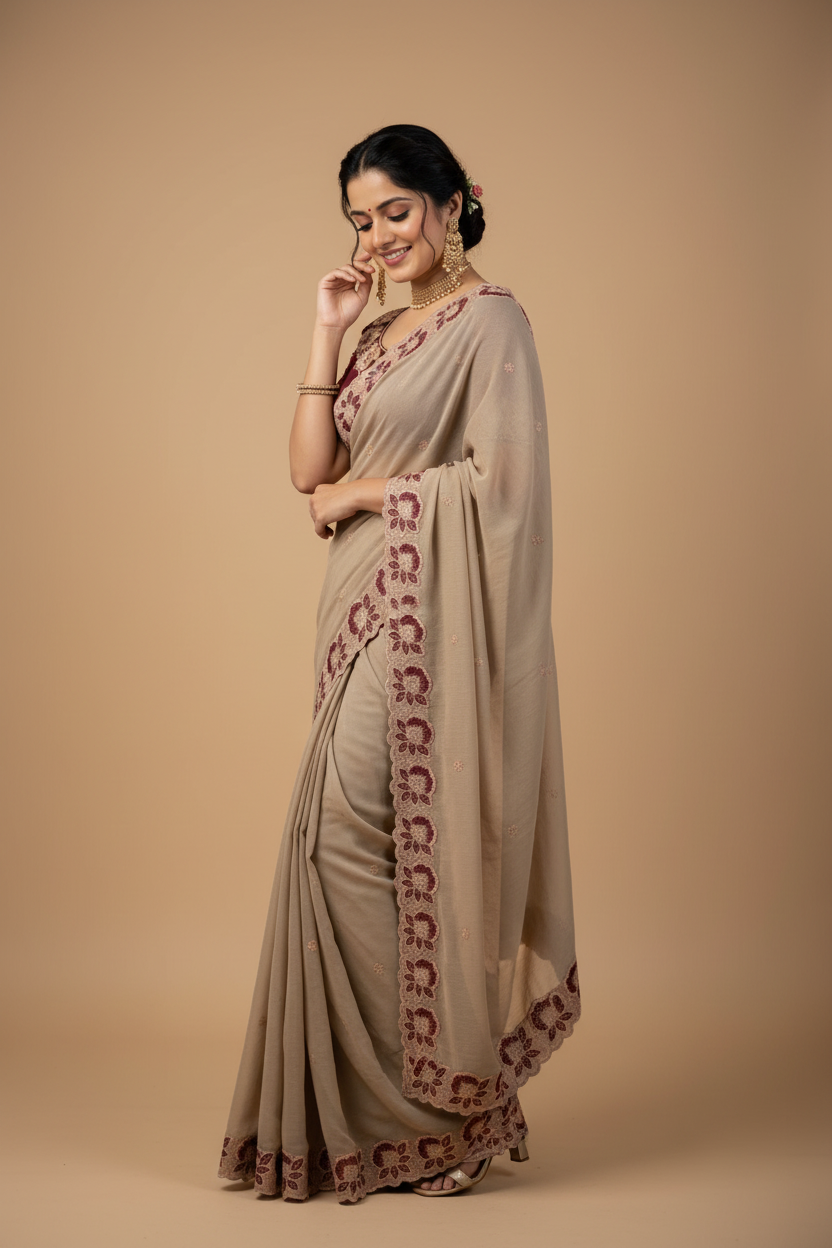 Snuggle Spot Women's Star Georgette Embroidered Saree With Unstitched Blouse 5.5Mtr (Beige)