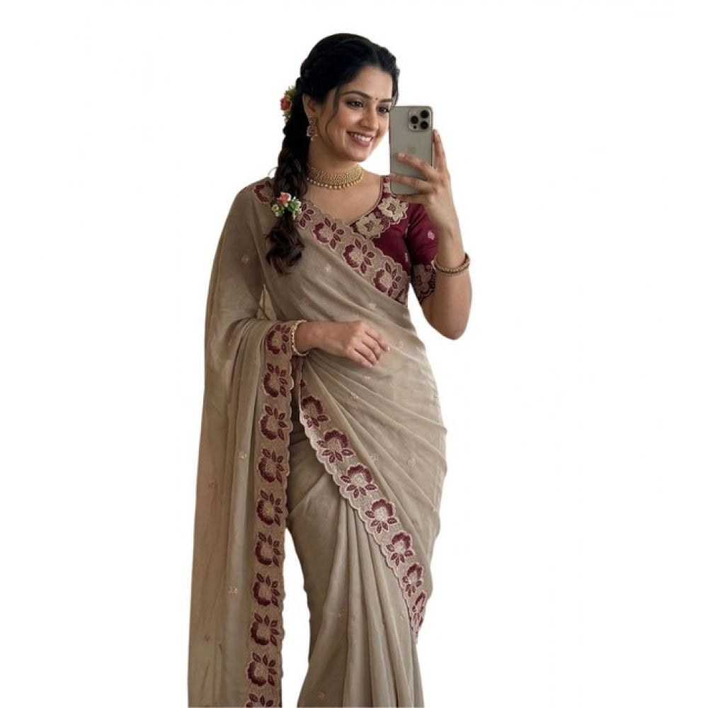 Snuggle Spot Women's Star Georgette Embroidered Saree With Unstitched Blouse 5.5Mtr (Beige)