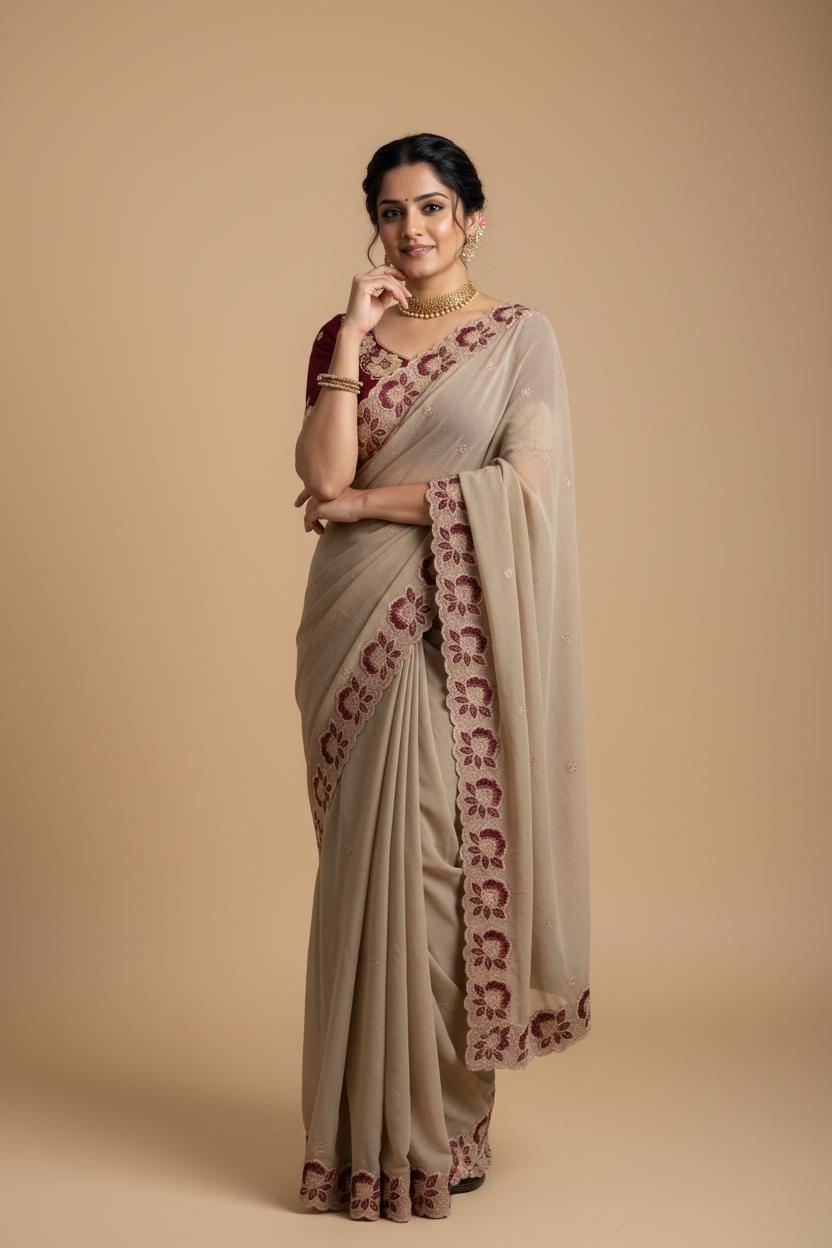 Snuggle Spot Women's Star Georgette Embroidered Saree With Unstitched Blouse 5.5Mtr (Beige)