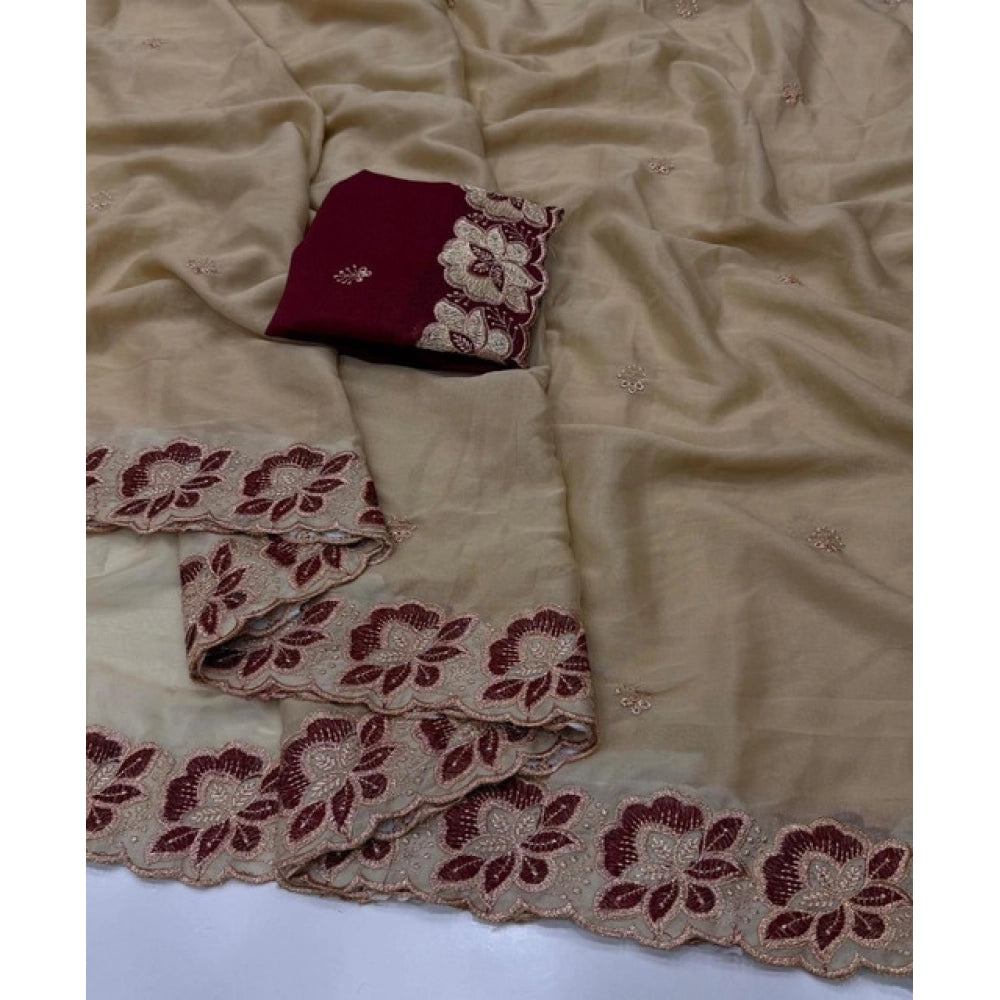 Snuggle Spot Women's Star Georgette Embroidered Saree With Unstitched Blouse 5.5Mtr (Beige)