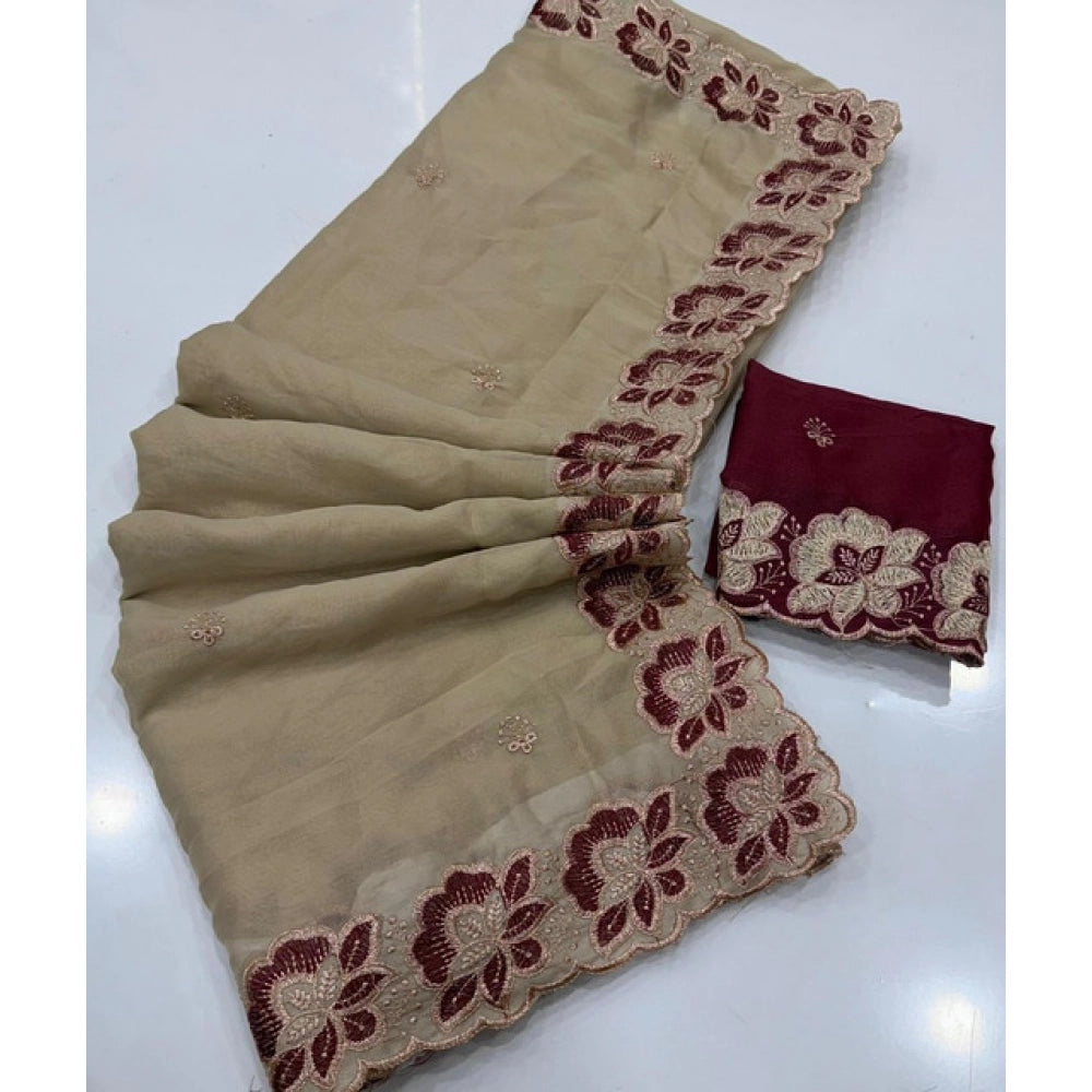 Snuggle Spot Women's Star Georgette Embroidered Saree With Unstitched Blouse 5.5Mtr (Beige)