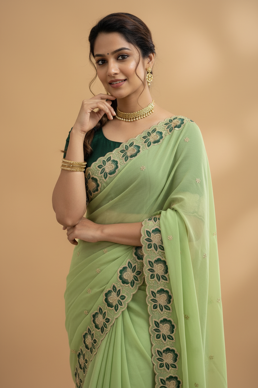 Snuggle Spot Women's Star Georgette Embroidered Saree With Unstitched Blouse 5.5Mtr (Green)