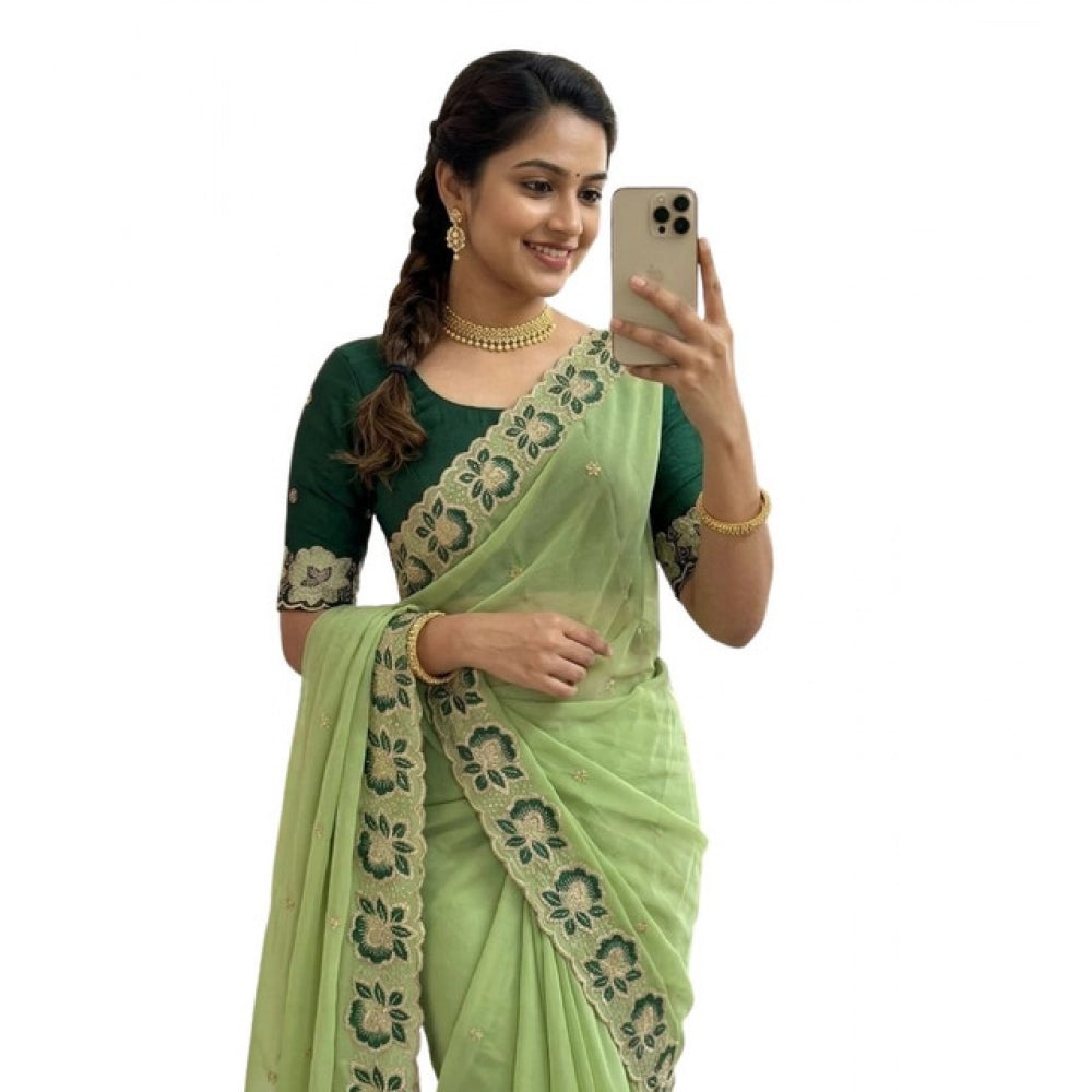 Snuggle Spot Women's Star Georgette Embroidered Saree With Unstitched Blouse 5.5Mtr (Green)