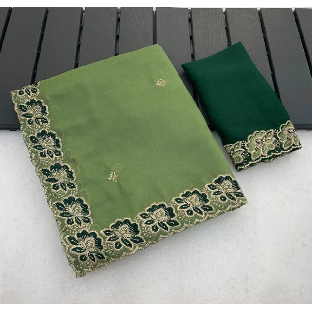 Snuggle Spot Women's Star Georgette Embroidered Saree With Unstitched Blouse 5.5Mtr (Green)