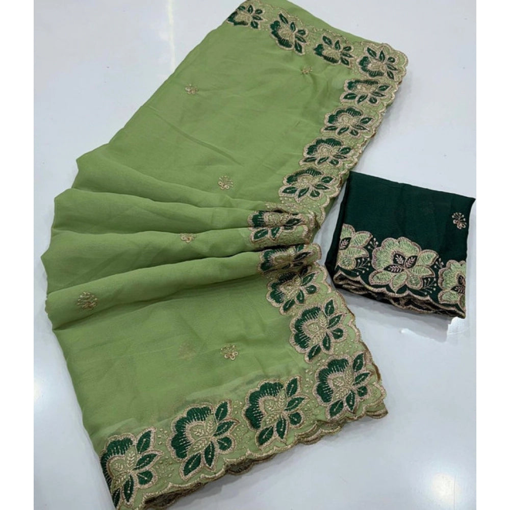 Snuggle Spot Women's Star Georgette Embroidered Saree With Unstitched Blouse 5.5Mtr (Green)