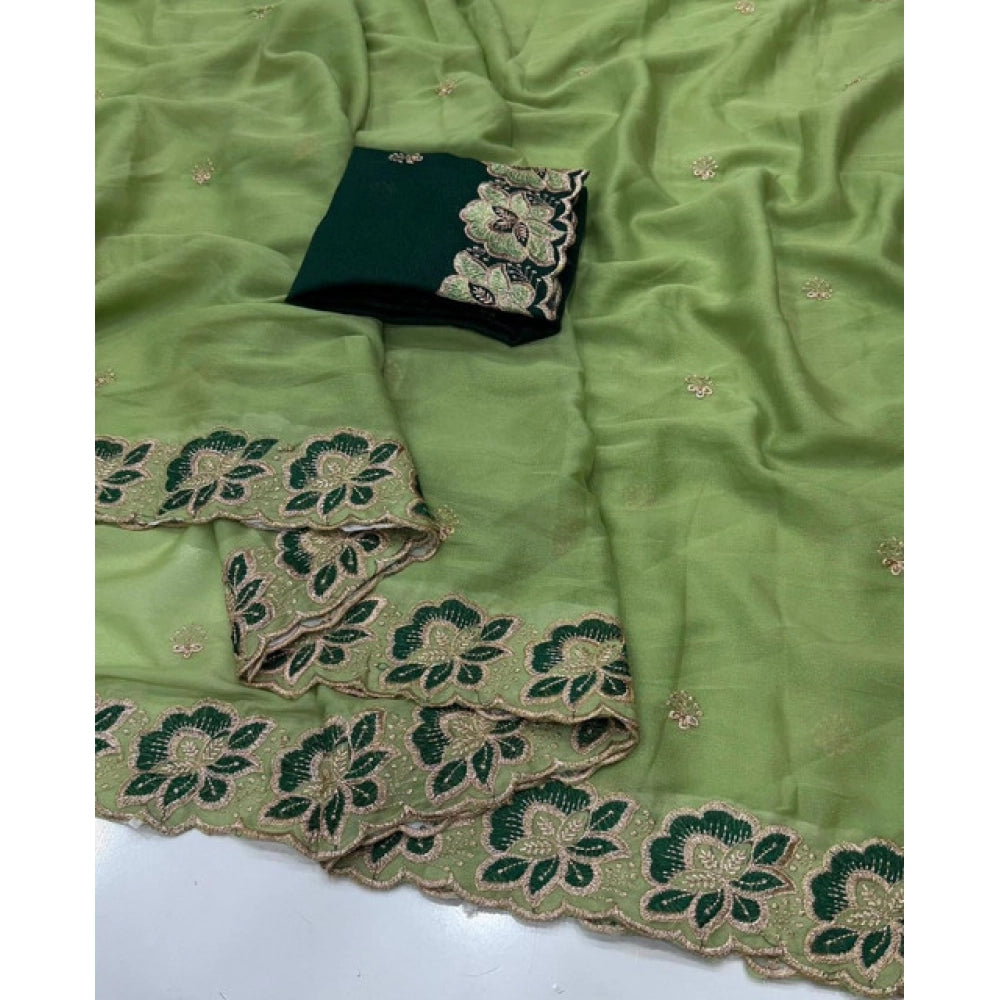 Snuggle Spot Women's Star Georgette Embroidered Saree With Unstitched Blouse 5.5Mtr (Green)