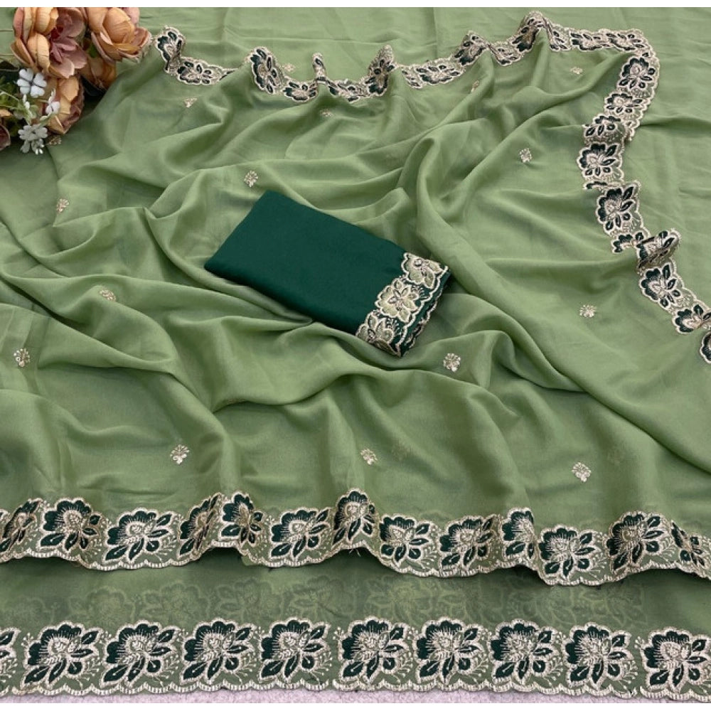 Snuggle Spot Women's Star Georgette Embroidered Saree With Unstitched Blouse 5.5Mtr (Green)
