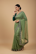Snuggle Spot Women's Star Georgette Embroidered Saree With Unstitched Blouse 5.5Mtr (Green)
