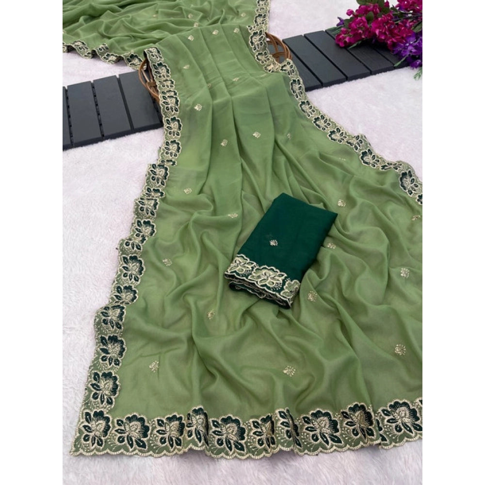 Snuggle Spot Women's Star Georgette Embroidered Saree With Unstitched Blouse 5.5Mtr (Green)