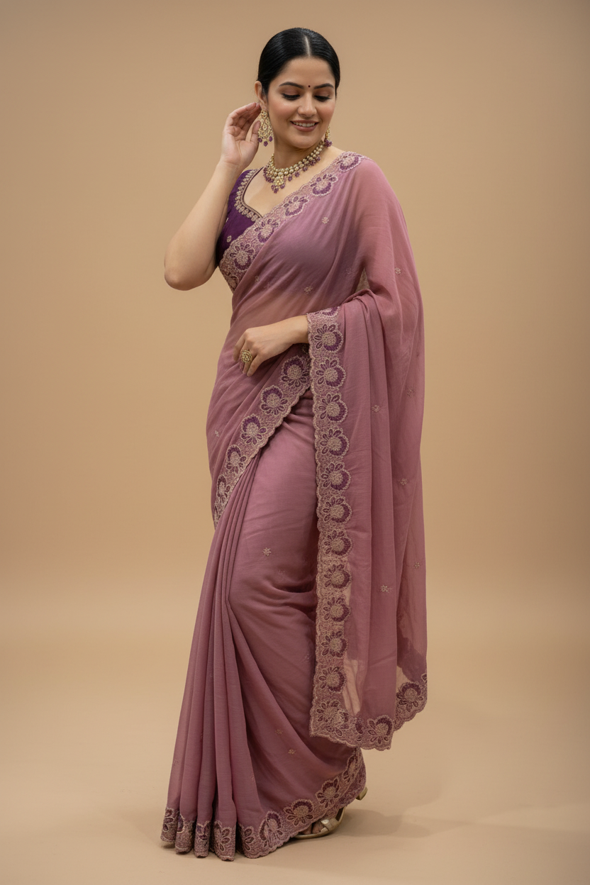 Snuggle Spot Women's Star Georgette Embroidered Saree With Unstitched Blouse 5.5Mtr (Pink)