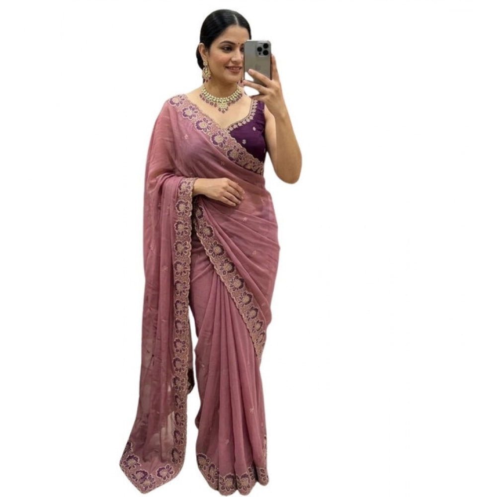 Snuggle Spot Women's Star Georgette Embroidered Saree With Unstitched Blouse 5.5Mtr (Pink)