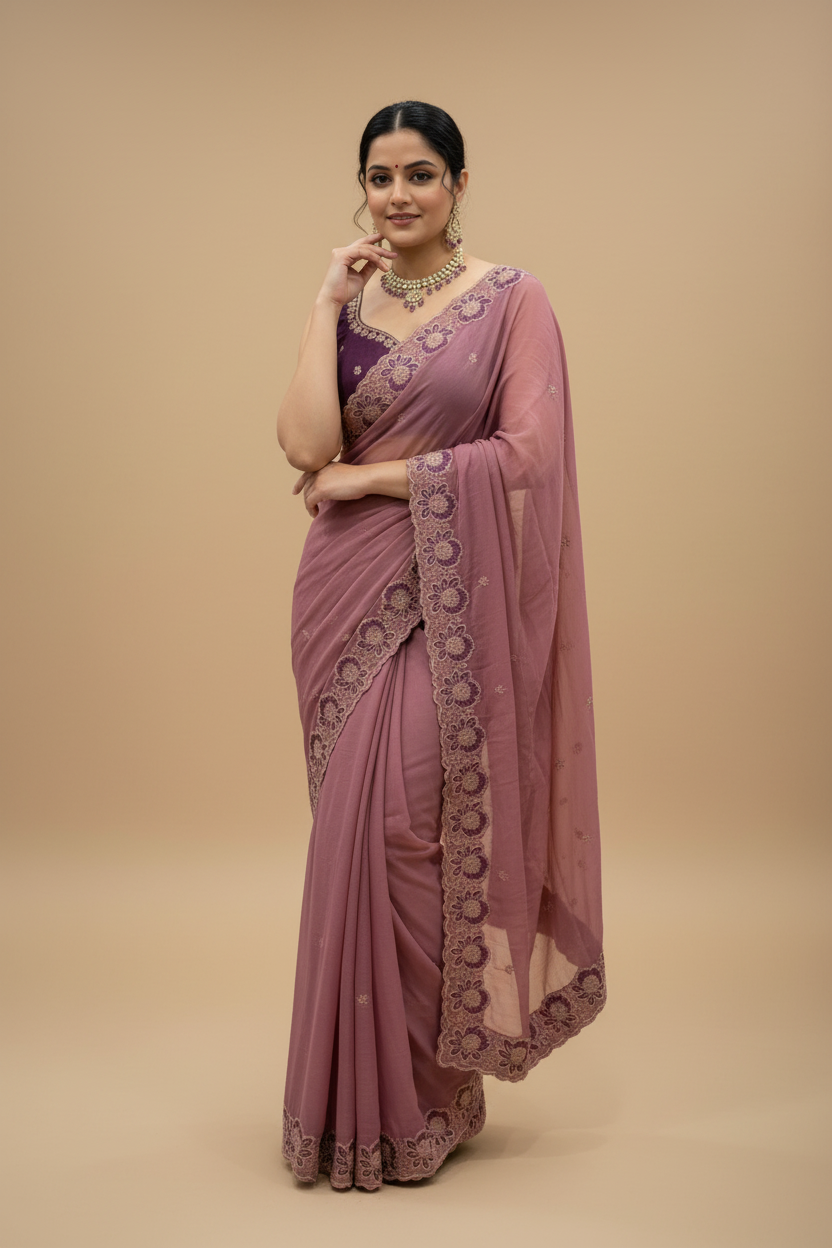 Snuggle Spot Women's Star Georgette Embroidered Saree With Unstitched Blouse 5.5Mtr (Pink)