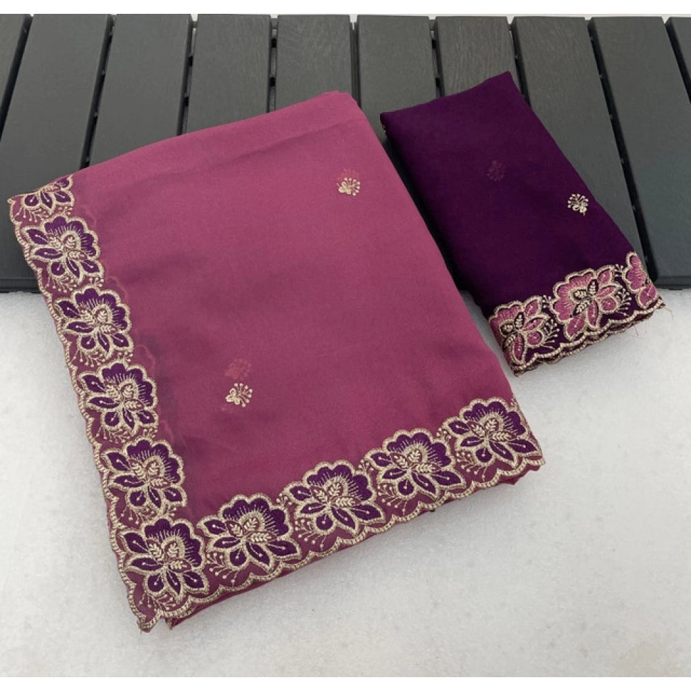 Snuggle Spot Women's Star Georgette Embroidered Saree With Unstitched Blouse 5.5Mtr (Pink)