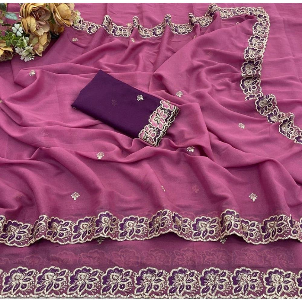 Snuggle Spot Women's Star Georgette Embroidered Saree With Unstitched Blouse 5.5Mtr (Pink)